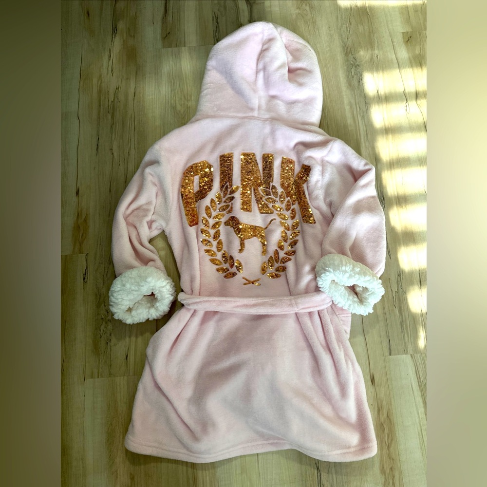 VS PINK Rare pink blinged out plush hooded tie string robe! Labor Day sale!!